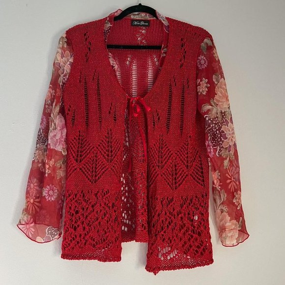 Vintage y2k red crochet floral chiffon tie up cardigan